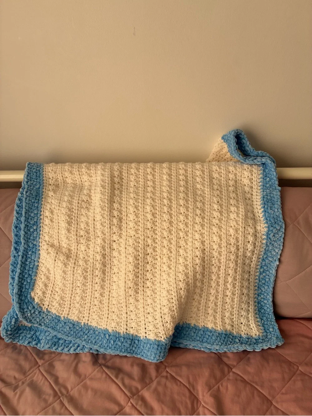 Baby Crochet White Blanket with Blue Velvet Trim - Handmade